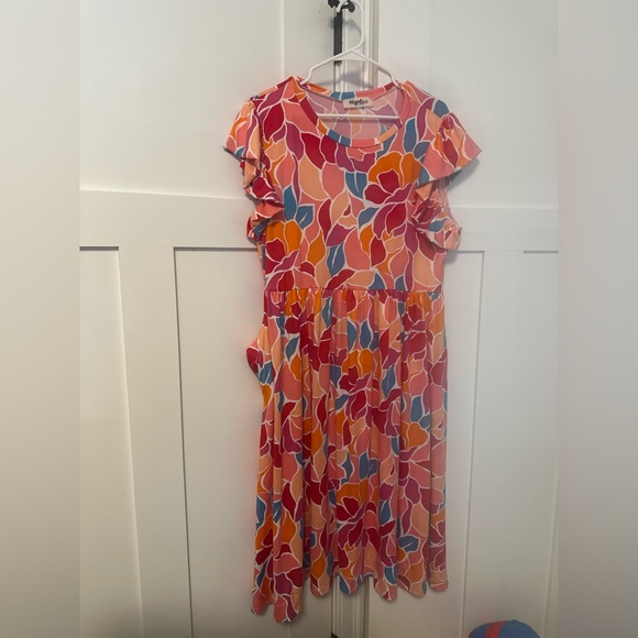 Vibrant Floral Midi Dress with Ruffle Sleeves - Picture 1 of 6